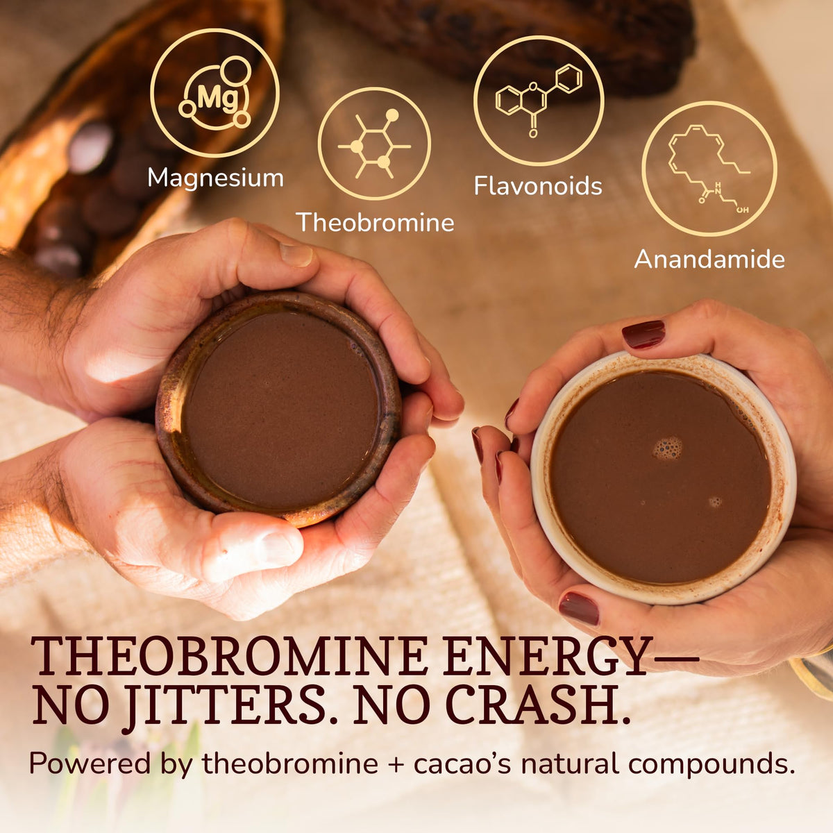 ChakaCacao disc dissolves in hot water or milk for a smooth cacao beverage.