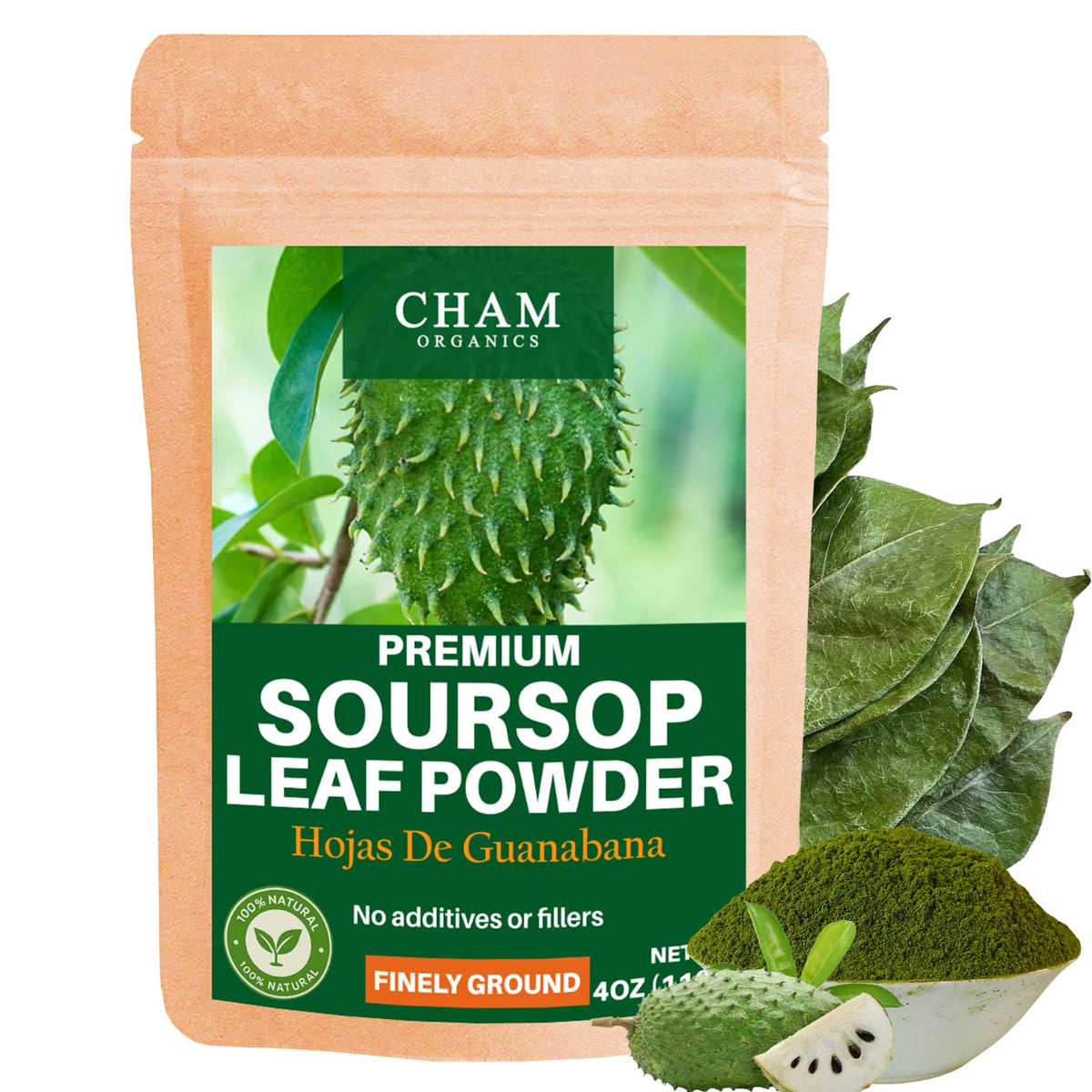 Cham Organics Soursop Leaves Powder in a resealable pouch ready for daily tea.