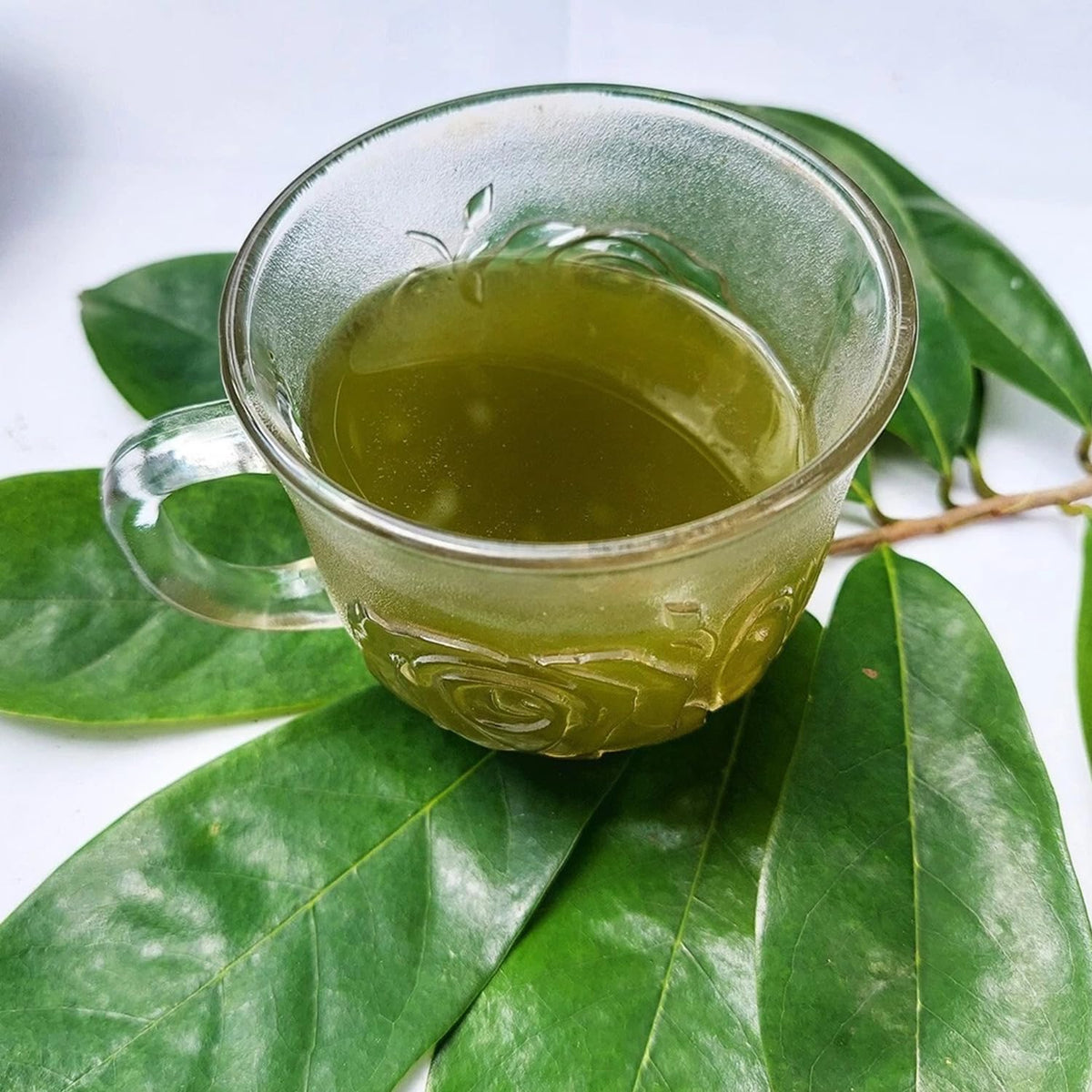Soursop powder blended into a smoothie with vibrant earthy notes.