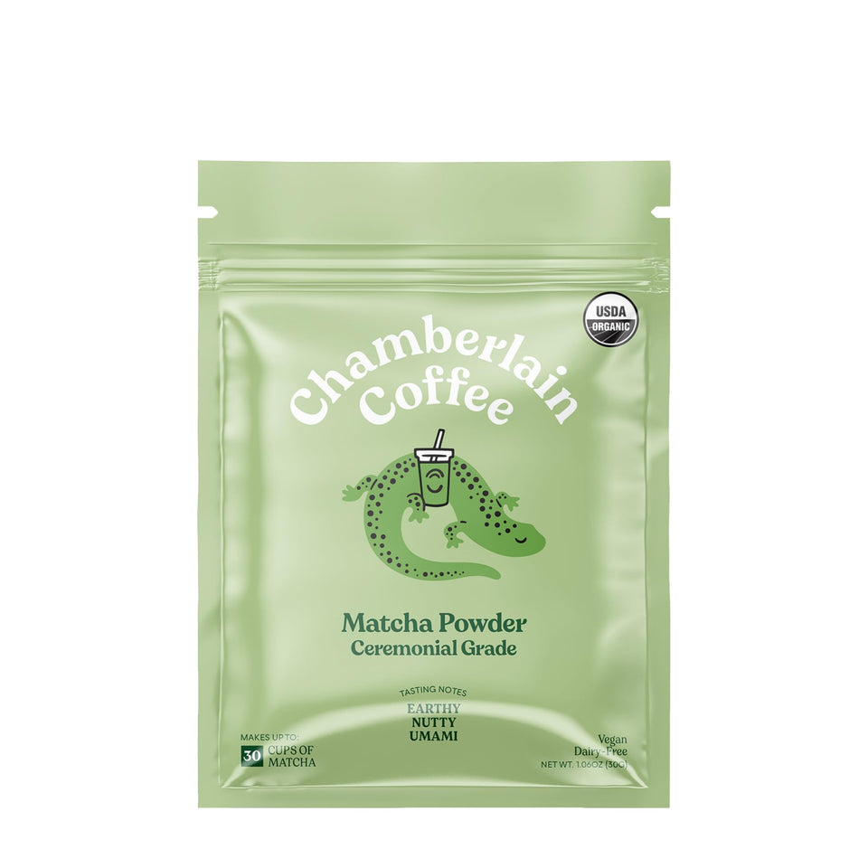 Chamberlain Coffee ceremonial matcha packaging jar with organic powder for fresh flavor.