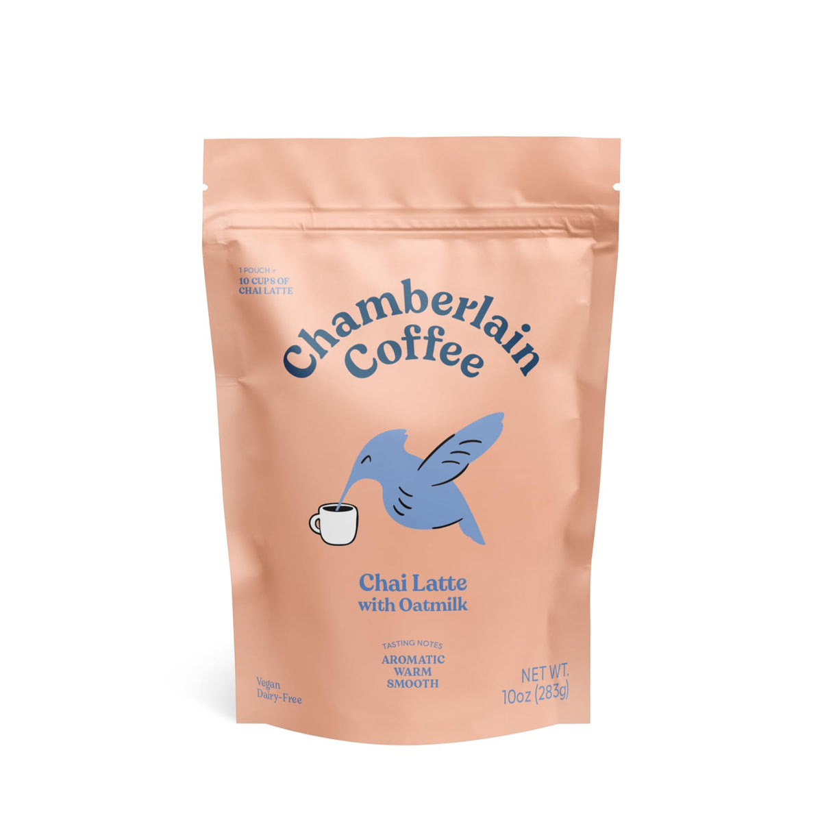 Chamberlain Coffee Gentle Hummingbird Chai Mix bottle highlighting creamy vegan chai with oat milk