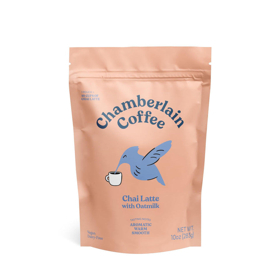 Chamberlain Coffee Gentle Hummingbird Chai Mix bottle highlighting creamy vegan chai with oat milk
