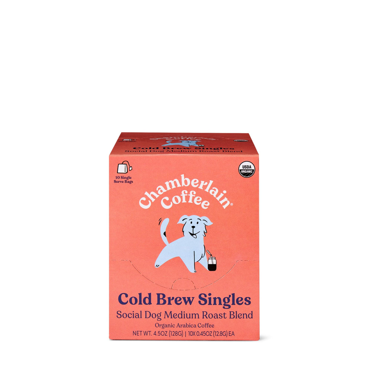 Chamberlain Coffee cold brew singles packets on table ready for quick flavor.