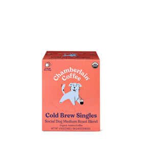 Chamberlain Coffee cold brew singles packets on table ready for quick flavor.
