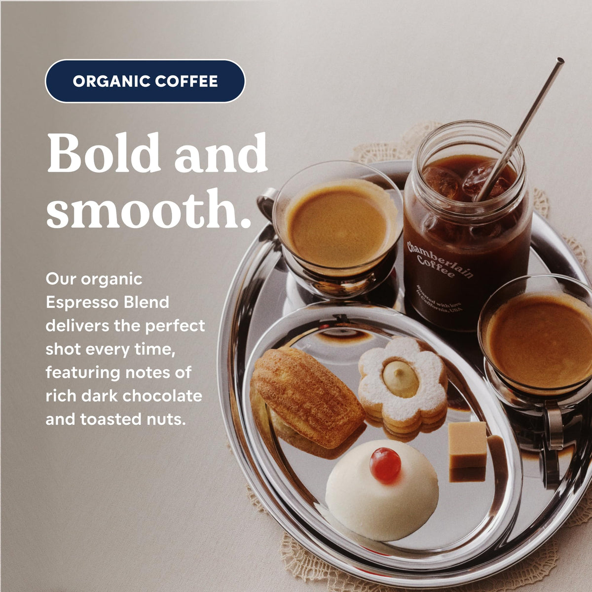 Chamberlain Coffee dark chocolate and peanut notes image emphasizes rich tasting profile