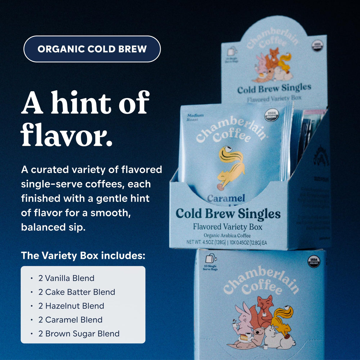 Chamberlain Coffee Hazelnut single-serve packet for smooth, nutty warmth anywhere