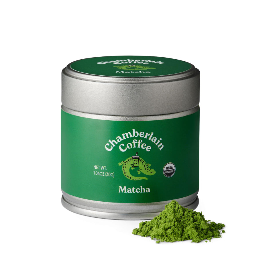 Chamberlain Coffee ceremonial matcha powder in tin, ideal for traditional whisked tea