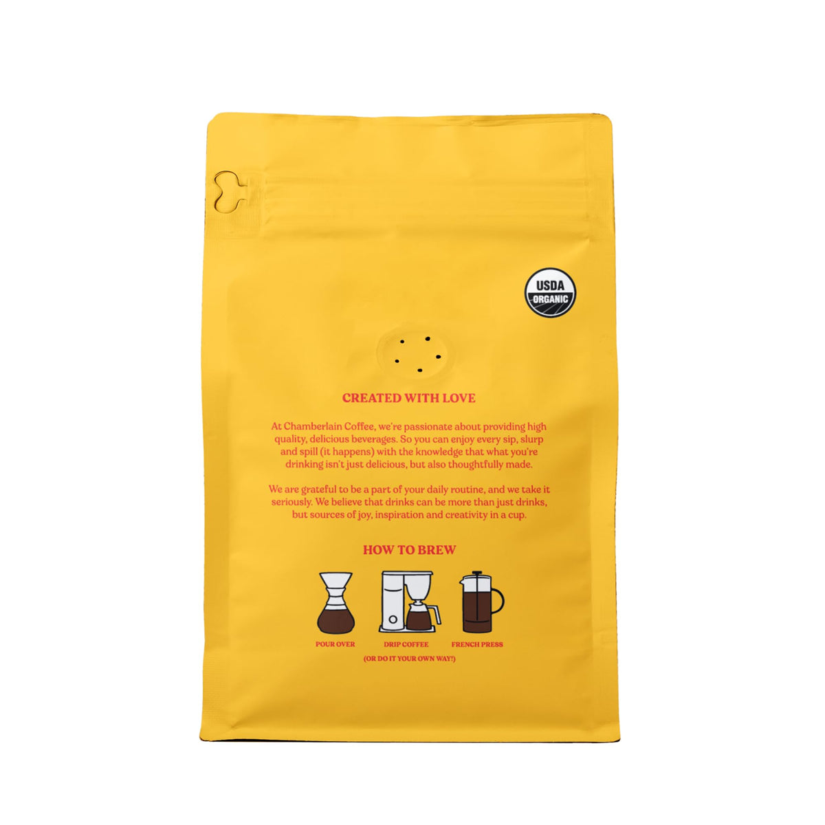 Chamberlain Coffee organic label highlighting certified organic sourcing.