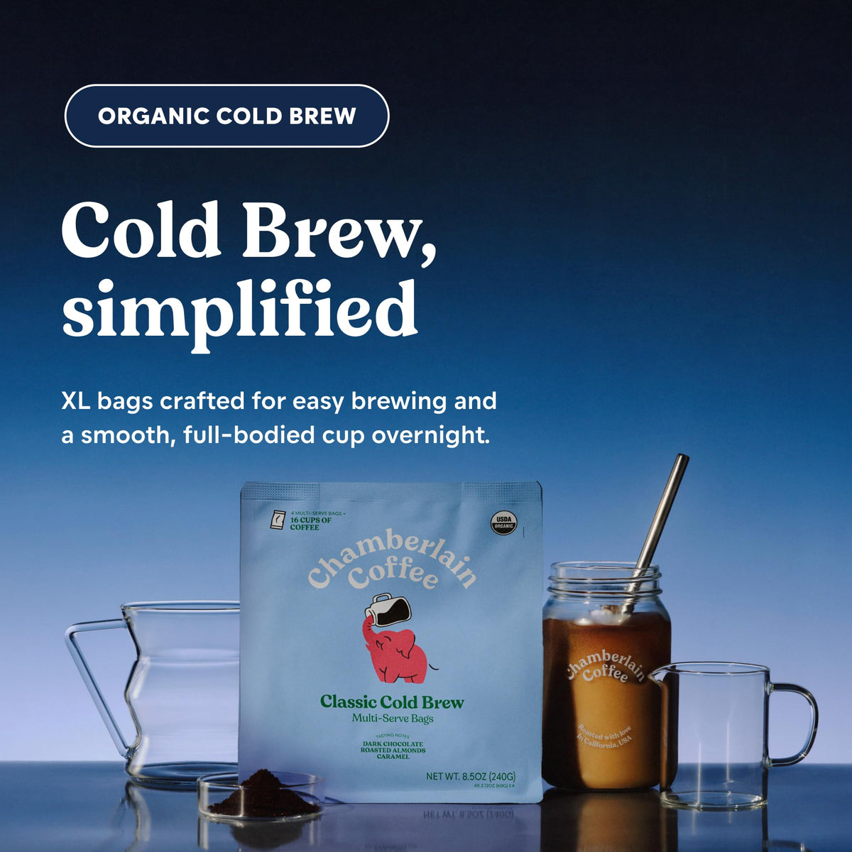 Chamberlain Coffee organic cold brew bag packaging highlighting convenience
