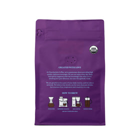 Chamberlain Coffee Organic Espresso Dark Roast whole beans aroma-filled bag for a smooth, balanced grind.