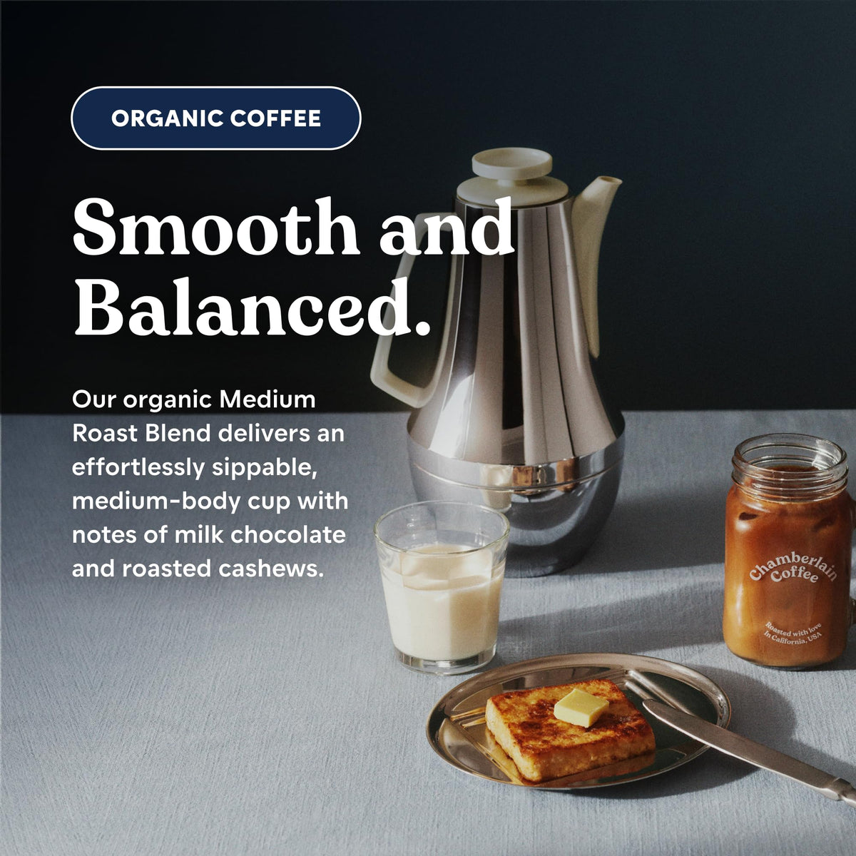 Chamberlain Coffee Organic Medium Roast Ground with roasted peanuts for a satisfying midday cup