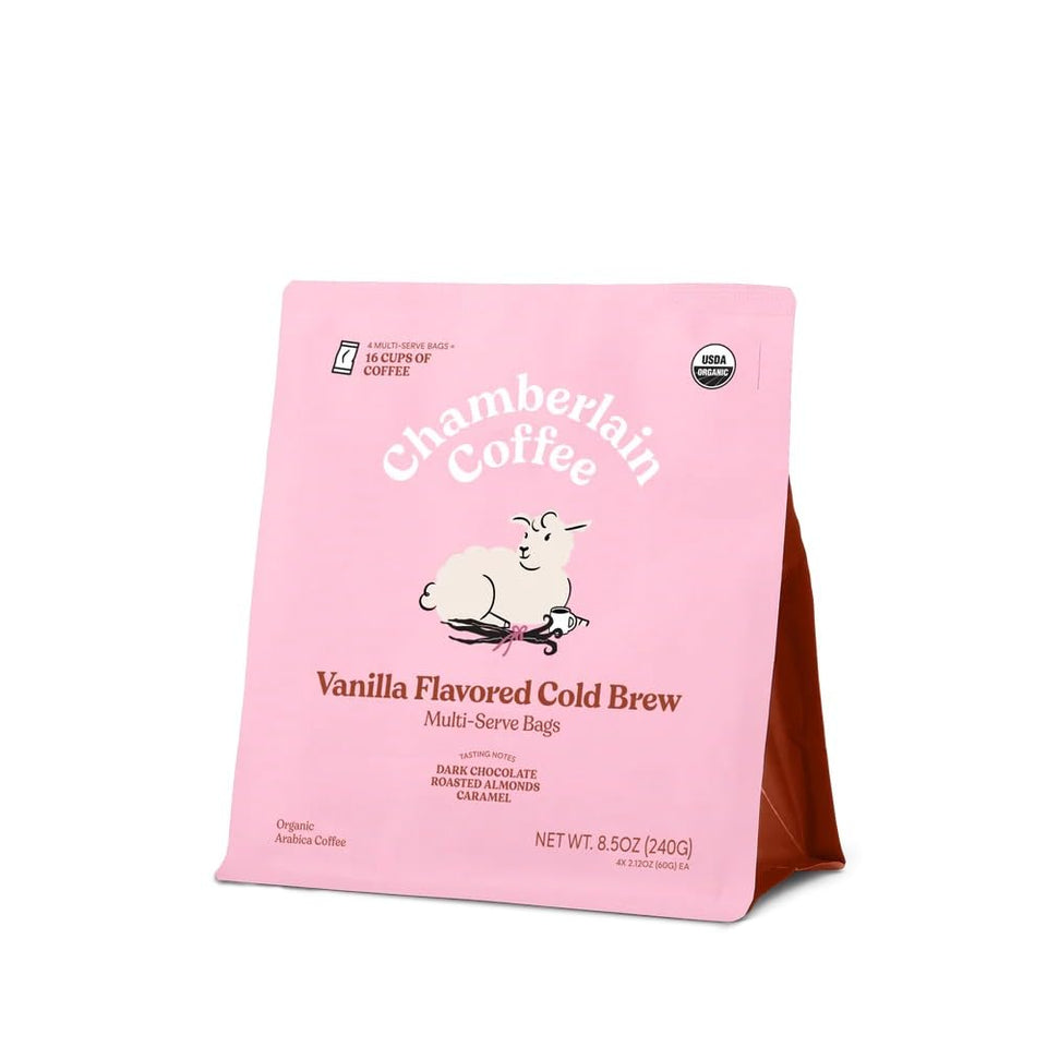 Chamberlain Coffee vanilla cold brew bag for pre-measured convenience.