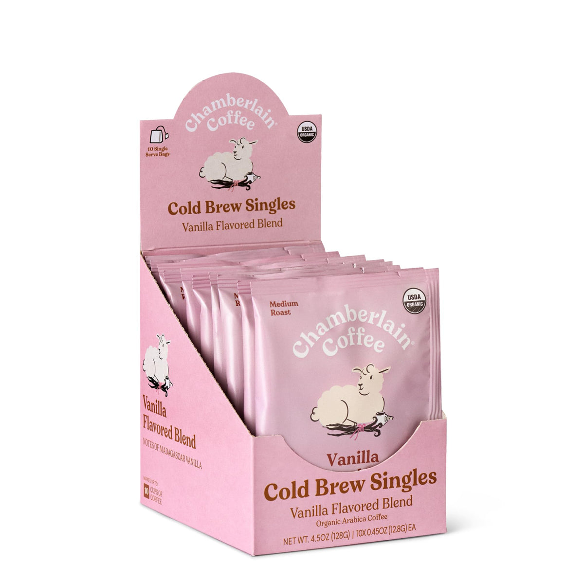 Chamberlain Coffee vanilla cold brew singles pack for on-the-go flavor convenience.