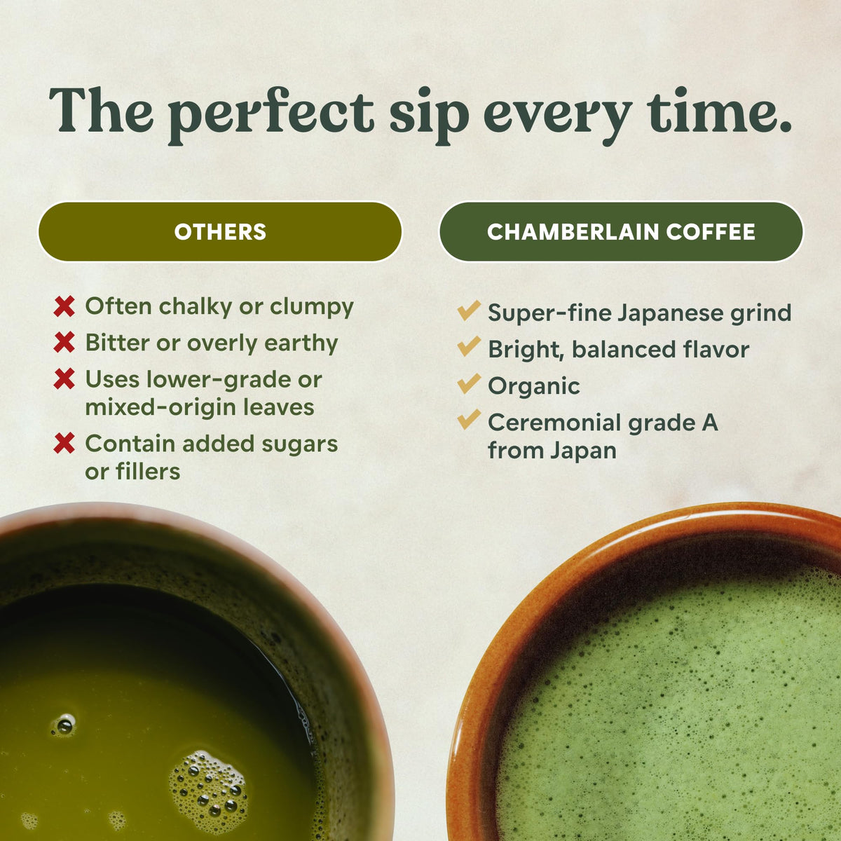 Close-up of vibrant green powder conveys freshness and ceremonial-grade quality.