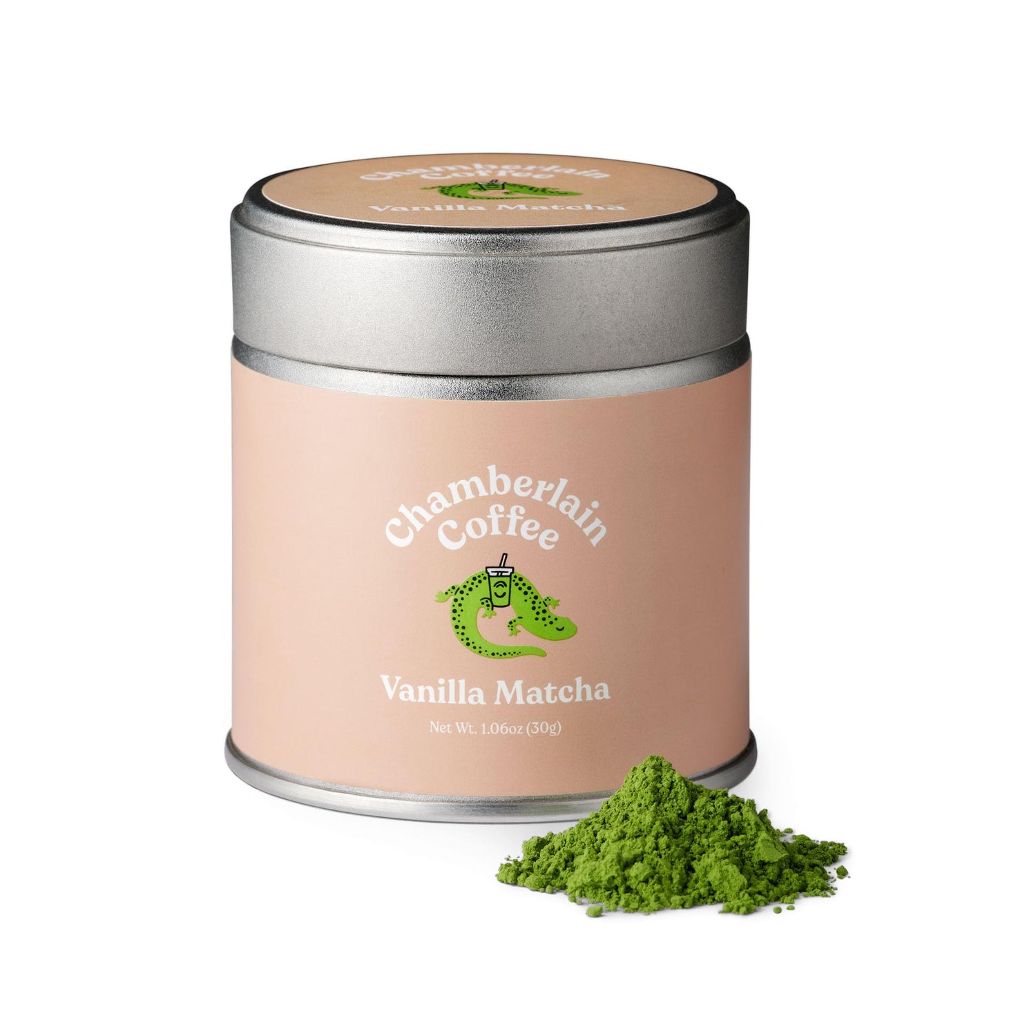 Chamberlain Coffee Vanilla Matcha tin shown, a premium ceremonial powder for versatile hot and iced drinks.