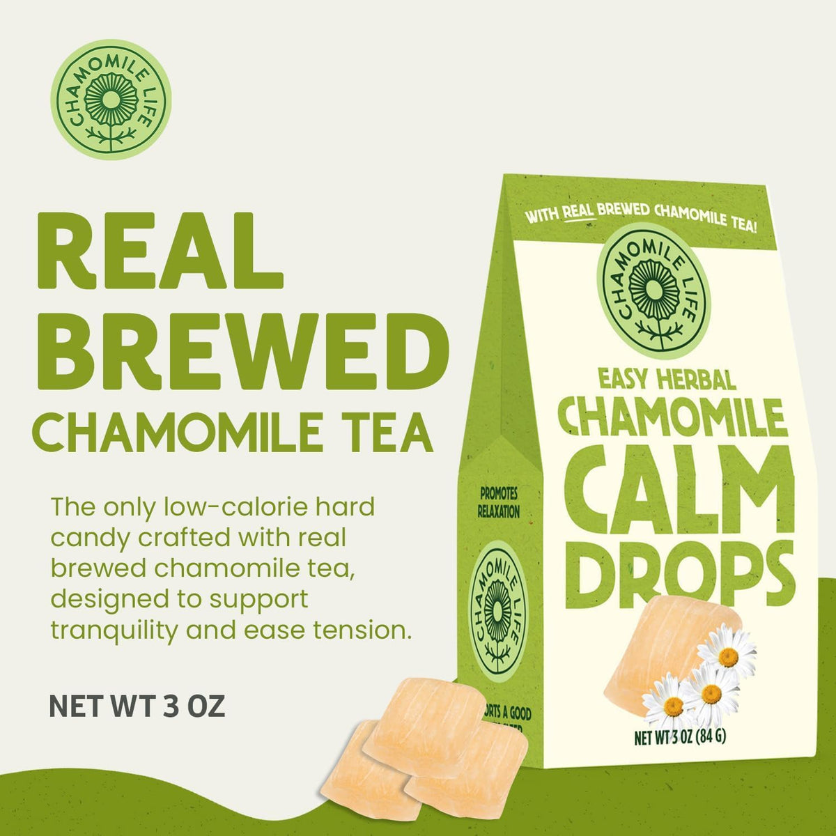 Chamomile Life Low-Calorie Candy drops provide a light, satisfying treat