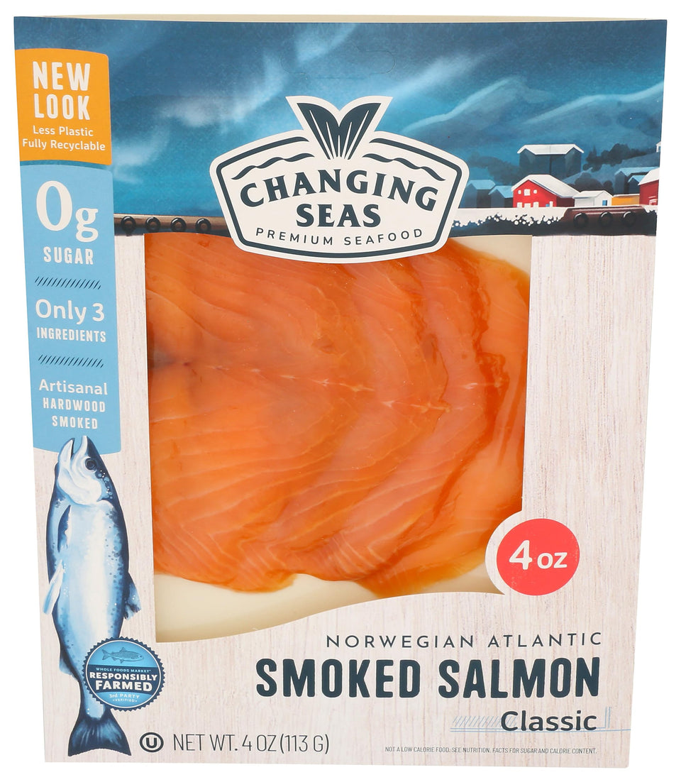Changing Seas cold smoked salmon 4oz pack with glossy slices ready to eat