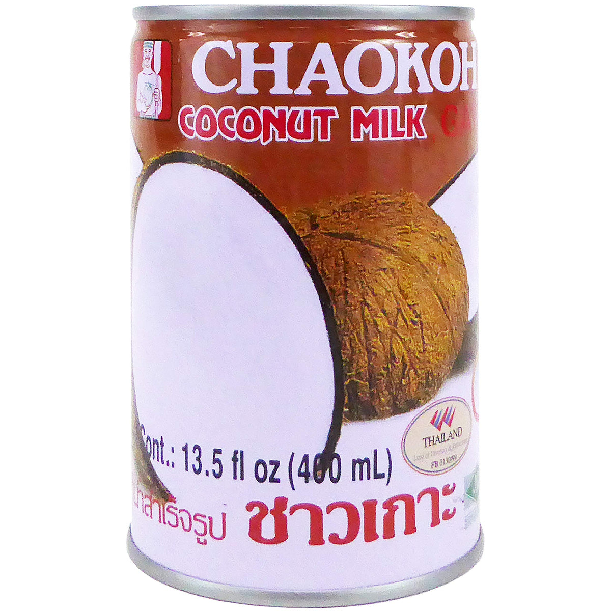 Chaokoh unsweetened coconut milk can front view; dairy-free base for curries and desserts