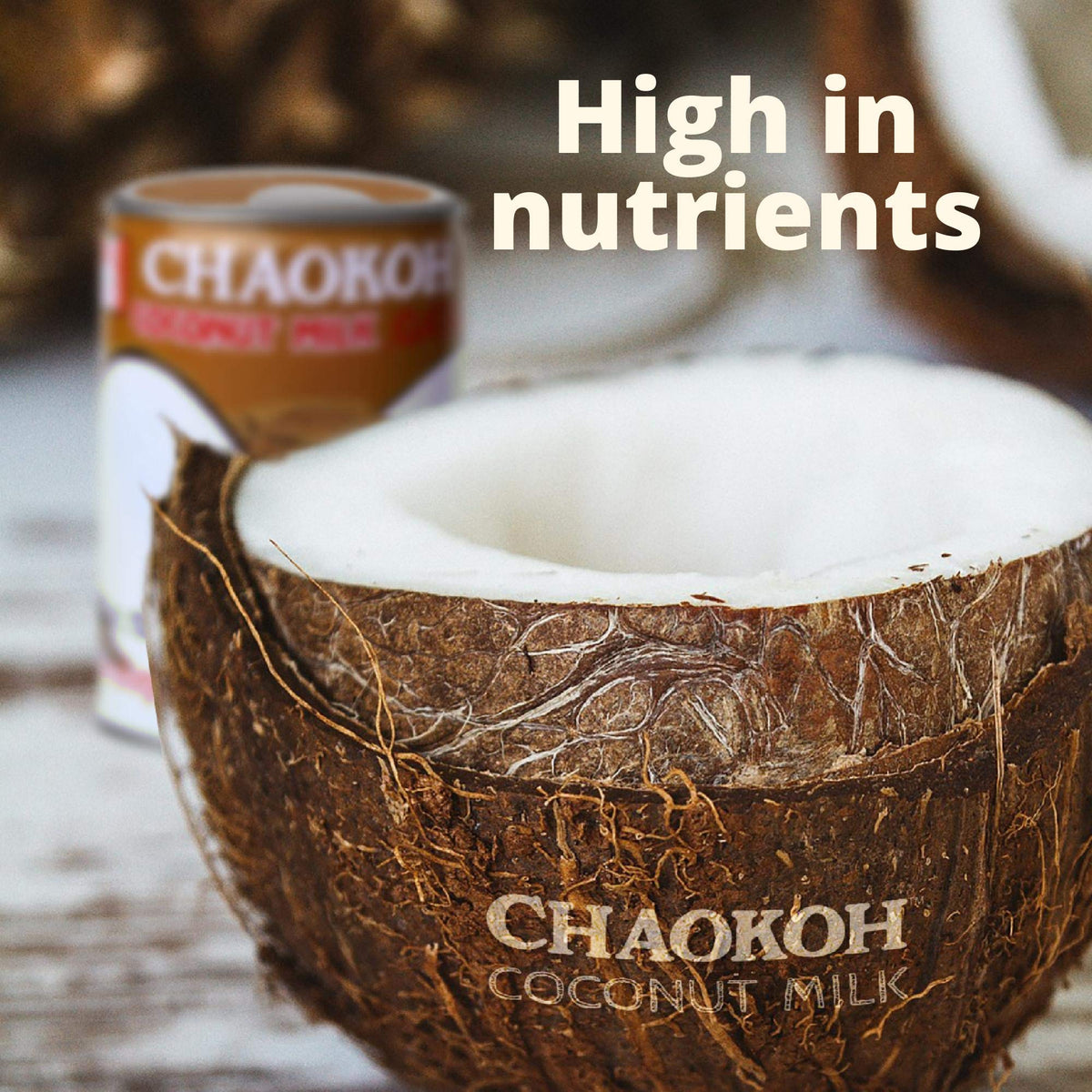 Chaokoh coconut milk label close-up; highlights no added sugar or artificial flavors