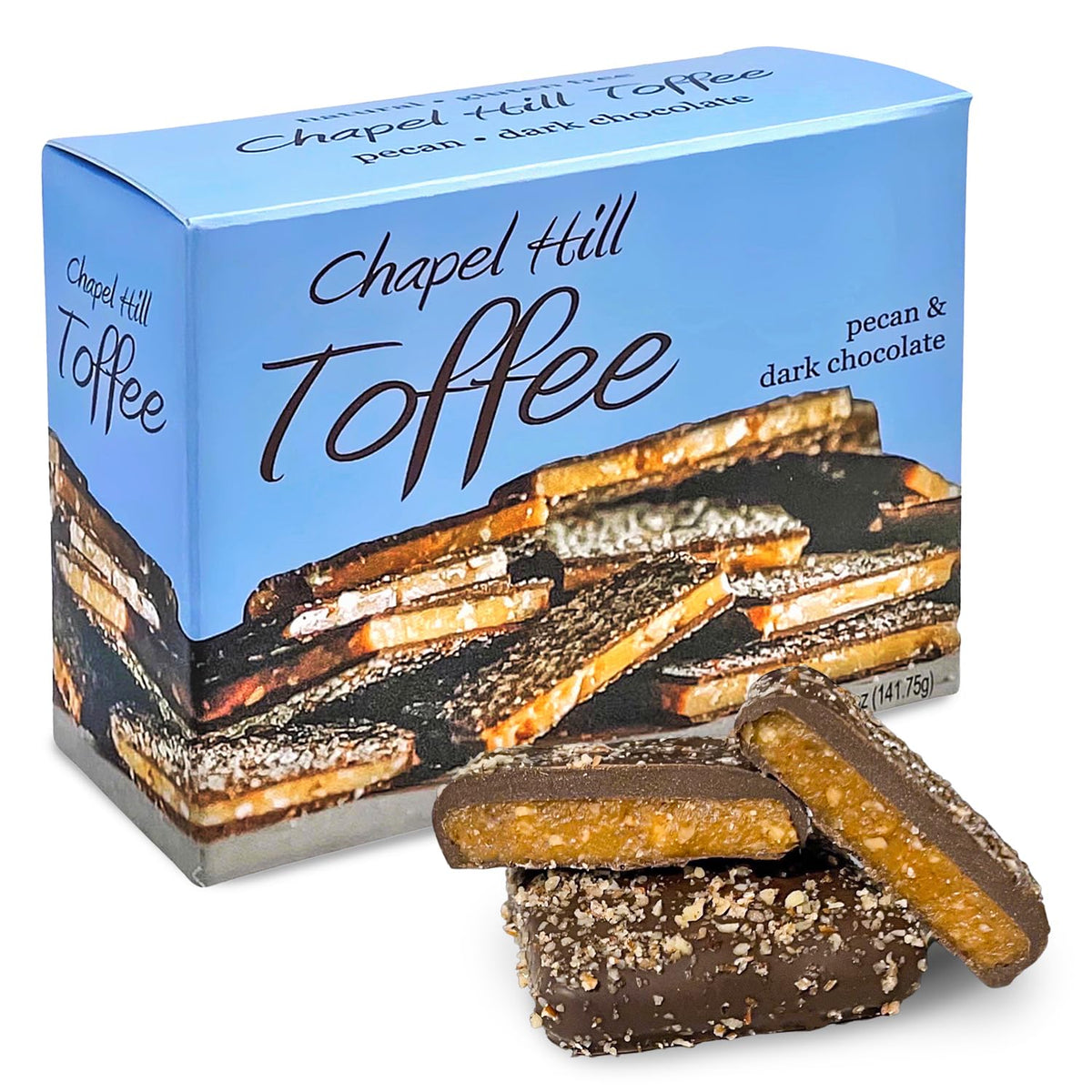 Chapel Hill Toffee pecan dark chocolate square close-up, indulgent bite