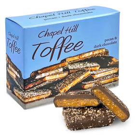 Chapel Hill Toffee pecan dark chocolate square close-up, indulgent bite