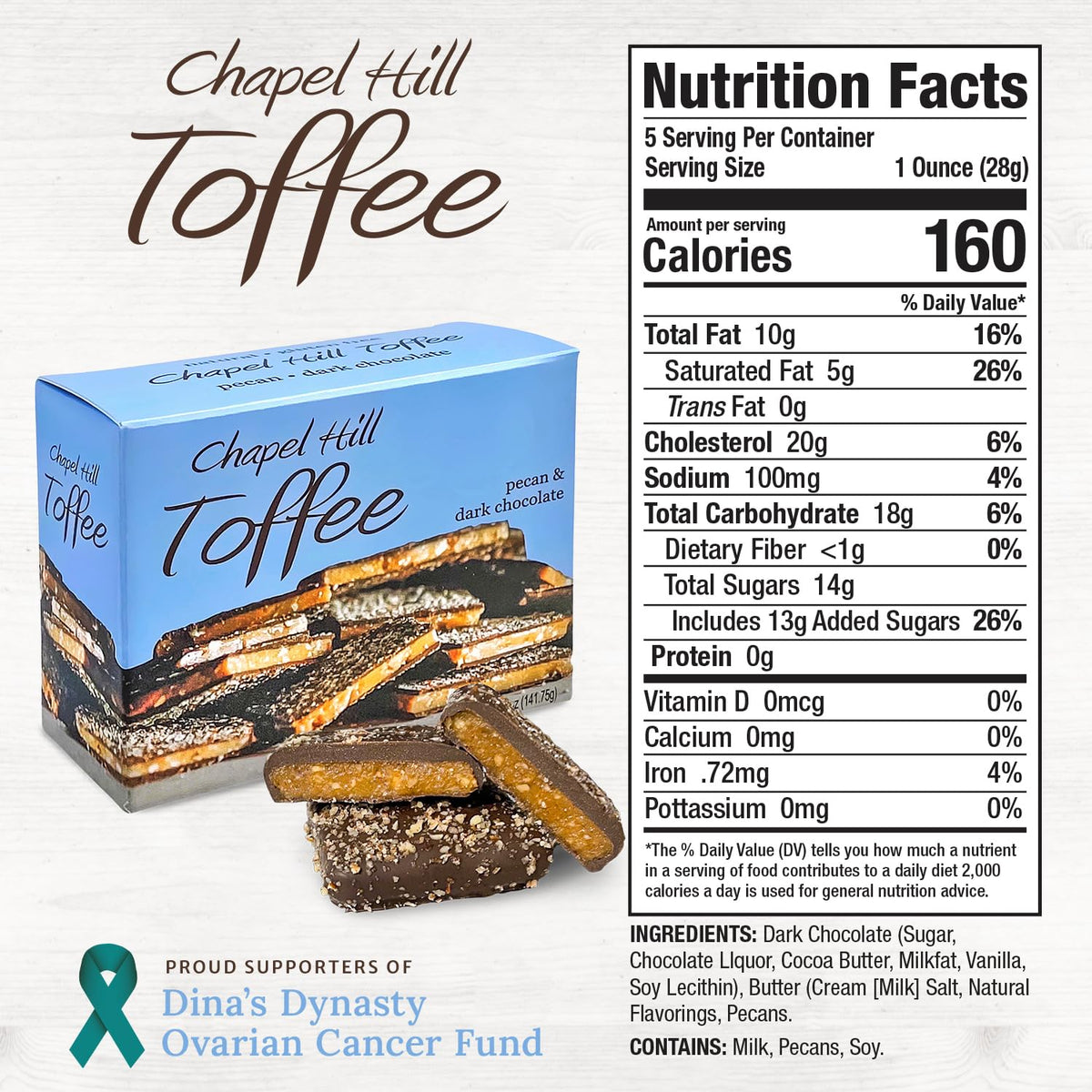 Chapel Hill Toffee pecan dark chocolate square in packaging, gift-ready