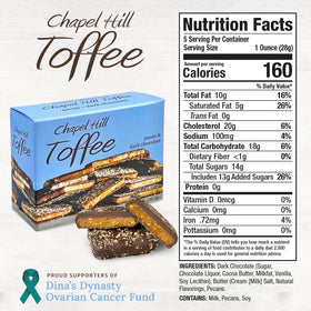 Chapel Hill Toffee pecan dark chocolate square in packaging, gift-ready