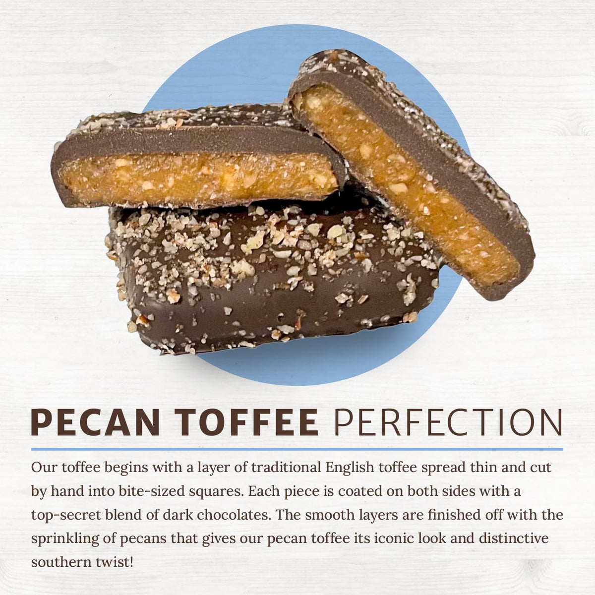 Chapel Hill Toffee pecan bite close-up, caramelized texture