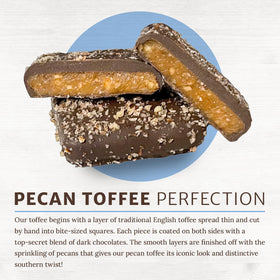 Chapel Hill Toffee pecan bite close-up, caramelized texture