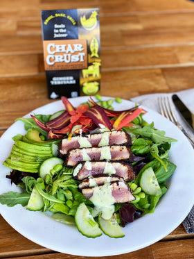 Char Crust Grilled Roasted Garlic Peppercorn rub bottle for aromatic grilling.