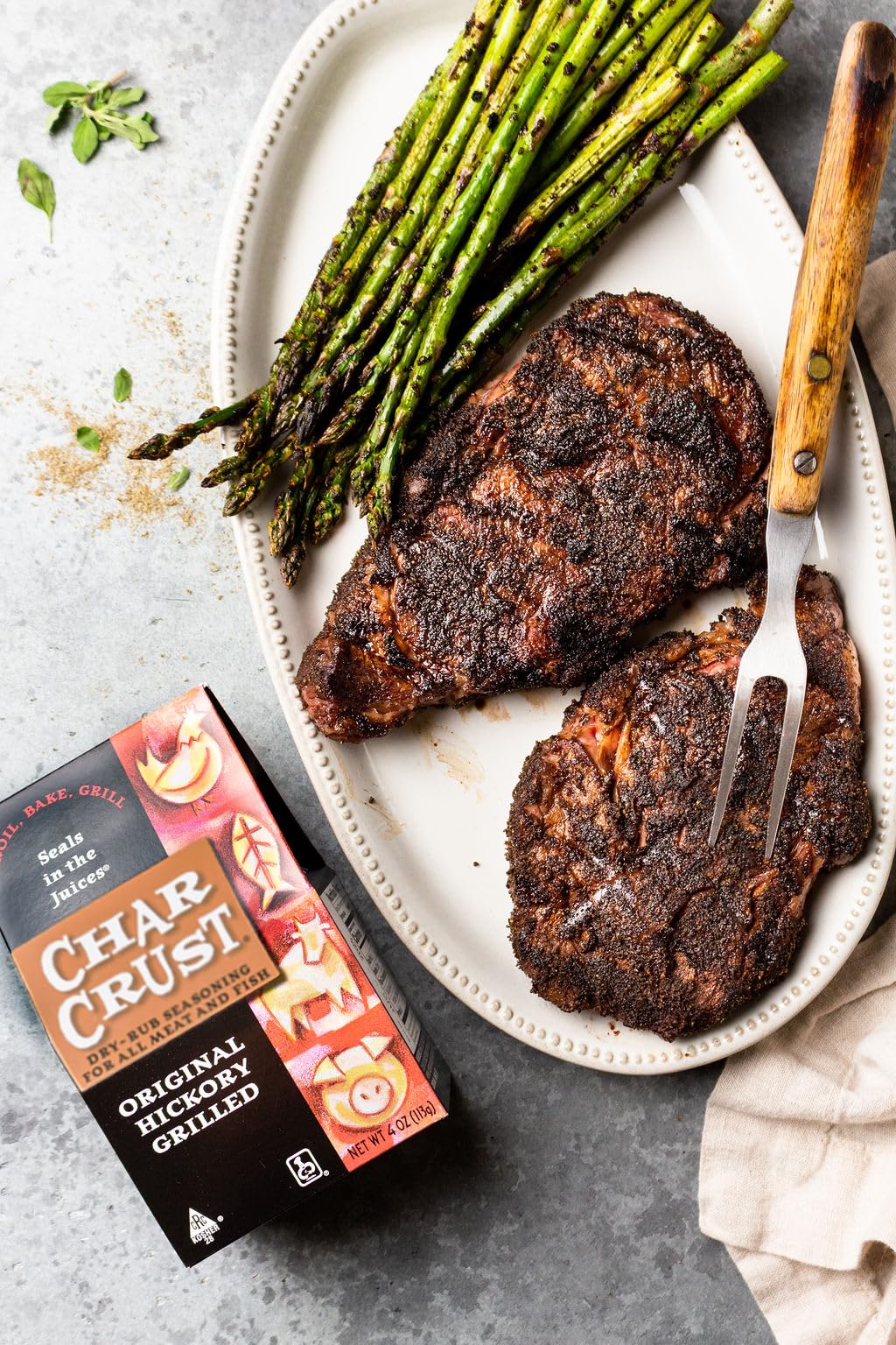 Char Crust Holiday Cooking Pack box highlights convenient two-pack seasoning for holidays.