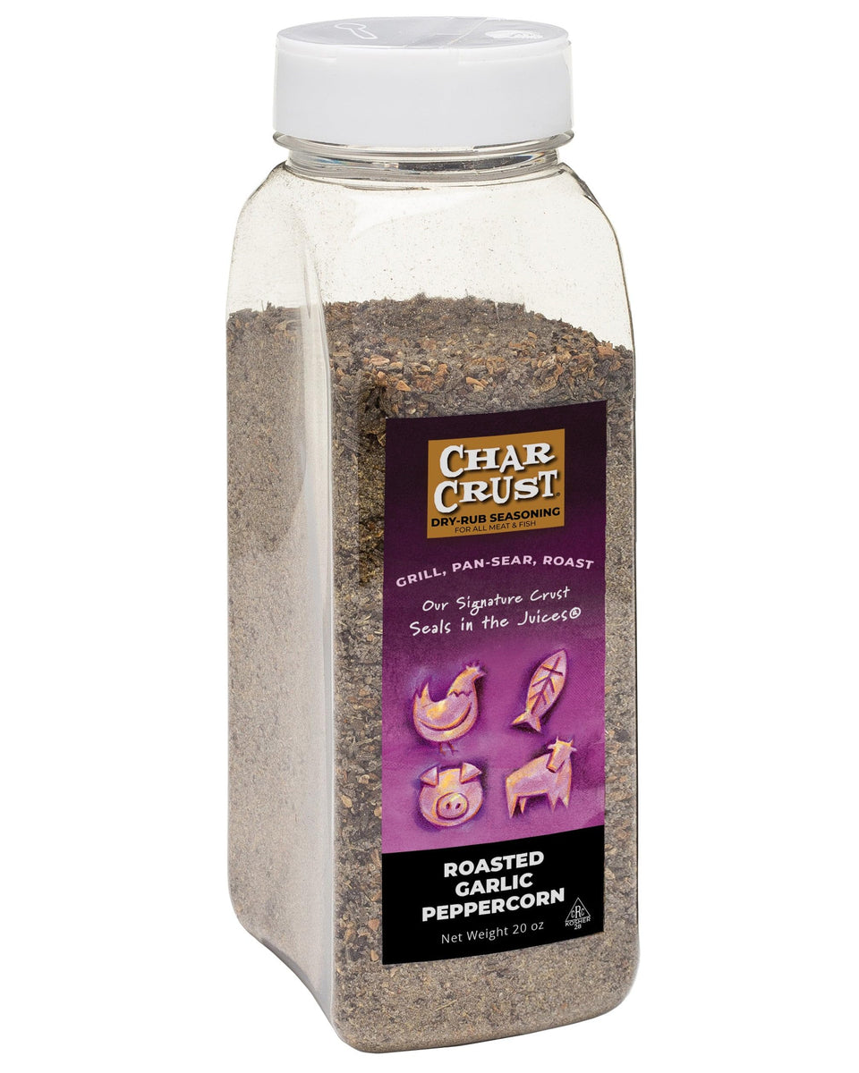 Char Crust Roasted Garlic Peppercorn packaging displaying the savory blend for easy seasoning