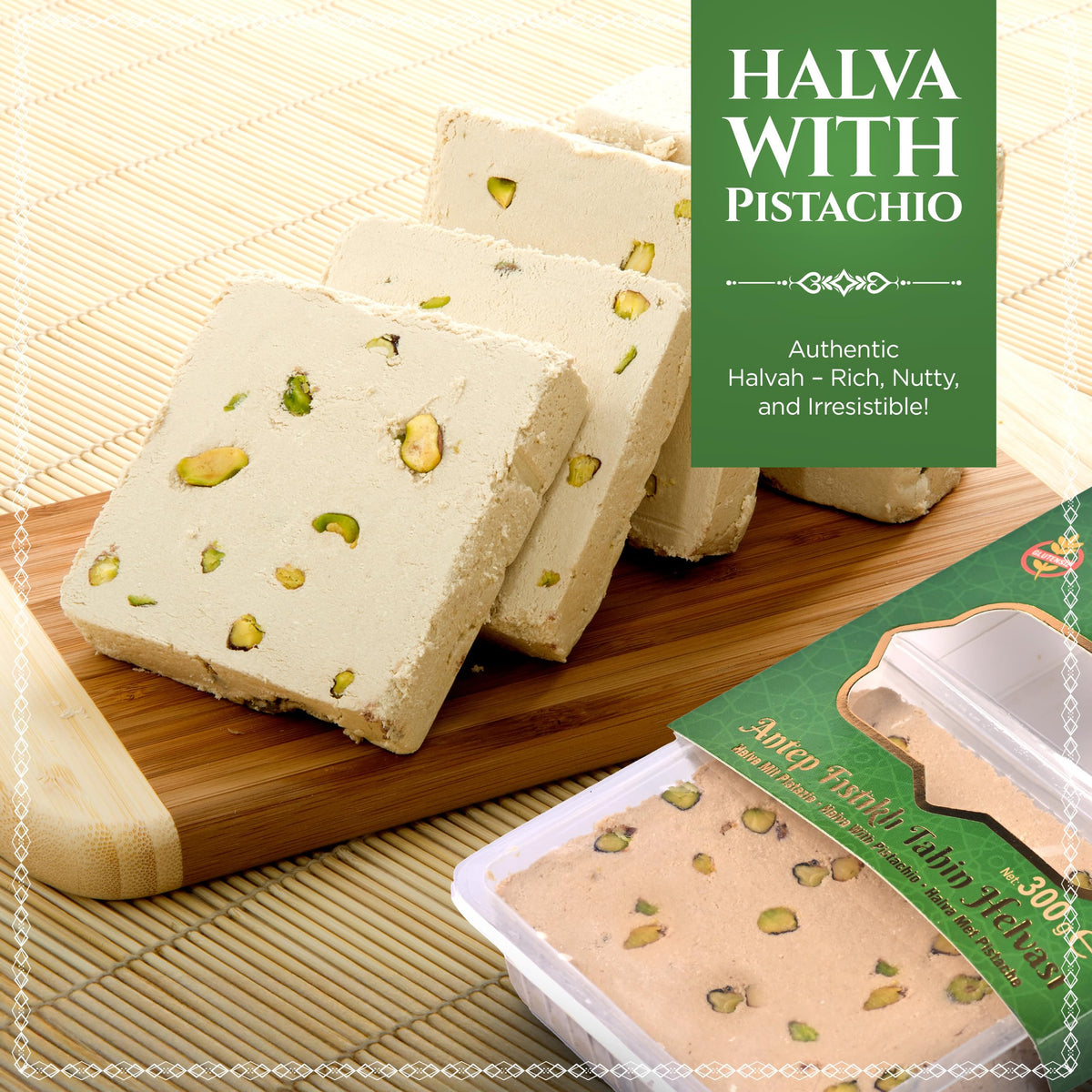 Chargio Halvah Pistachio close-up highlighting pistachio pieces for snacking