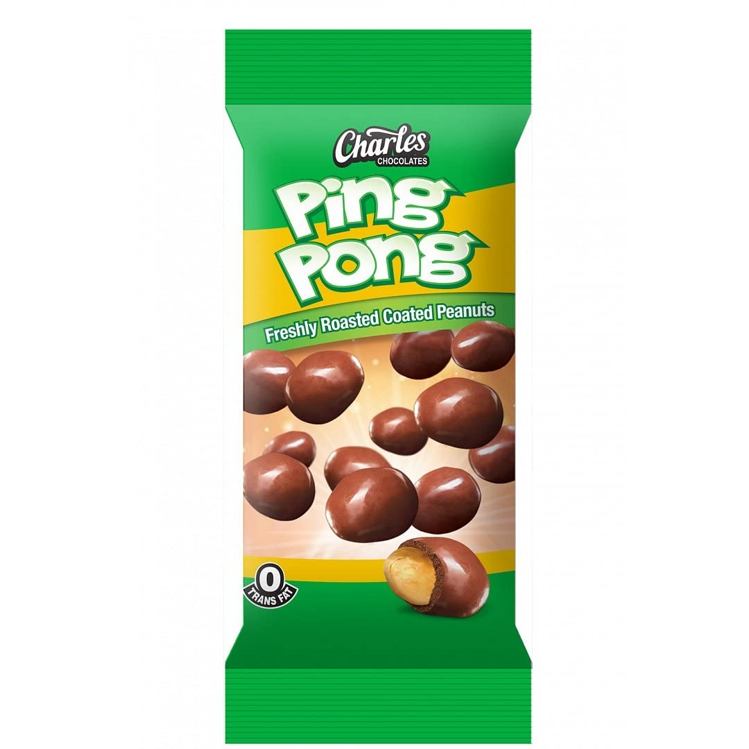 Charles Chocolates Ping Pong chocolate-coated peanuts closeup, showing rich coating for snacking