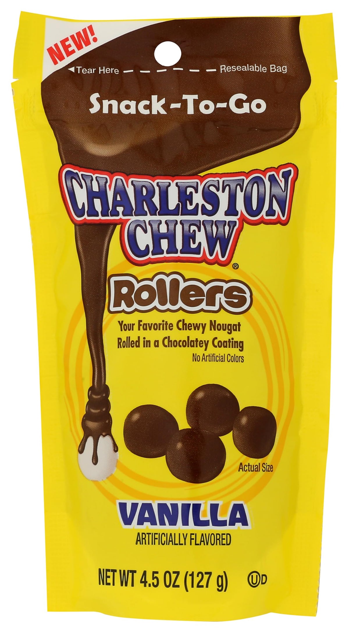 Charleston Chew Rollers Vanilla bag with resealable zipper for fresh on-the-go snacking.