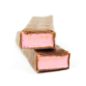 Charleston Chew Strawberry chocolate coating closeup, glossy and inviting
