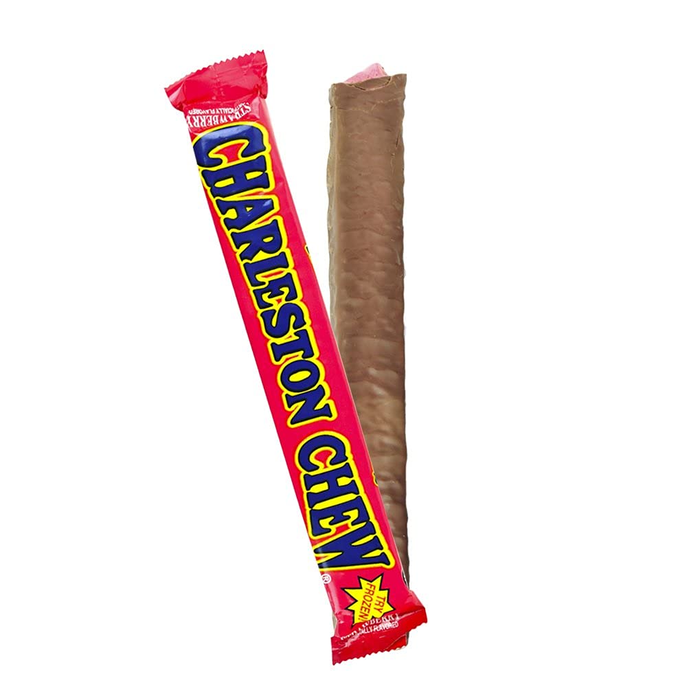 Charleston Chew Strawberry nougat center closeup, chewy texture for a satisfying bite