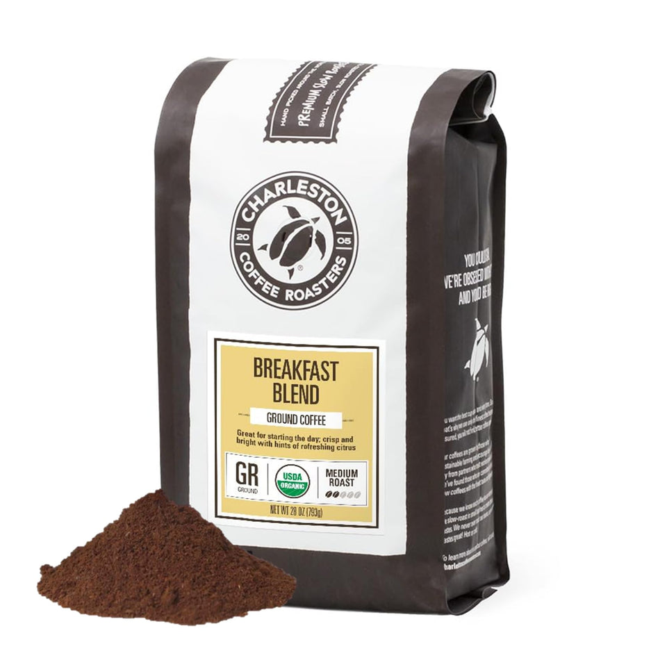 Charleston Coffee Roasters Breakfast Blend ground coffee in a 28oz bag with crisp aroma.