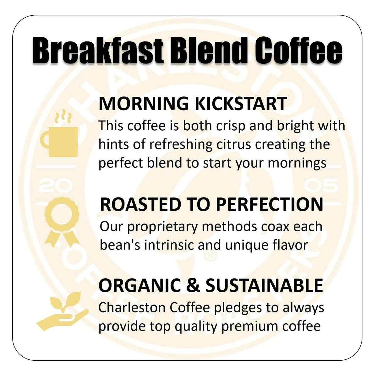 Charleston Coffee Roasters Breakfast Blend cup shows crisp citrus and balanced flavor