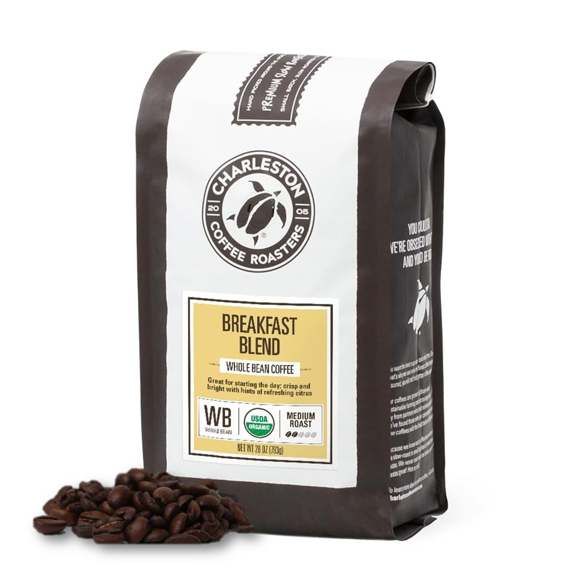 Charleston Coffee Roasters Breakfast Blend whole beans with bright citrus aroma