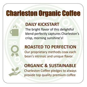 Charleston Coffee Roasters ground coffee closeup reveals rich color and aroma.