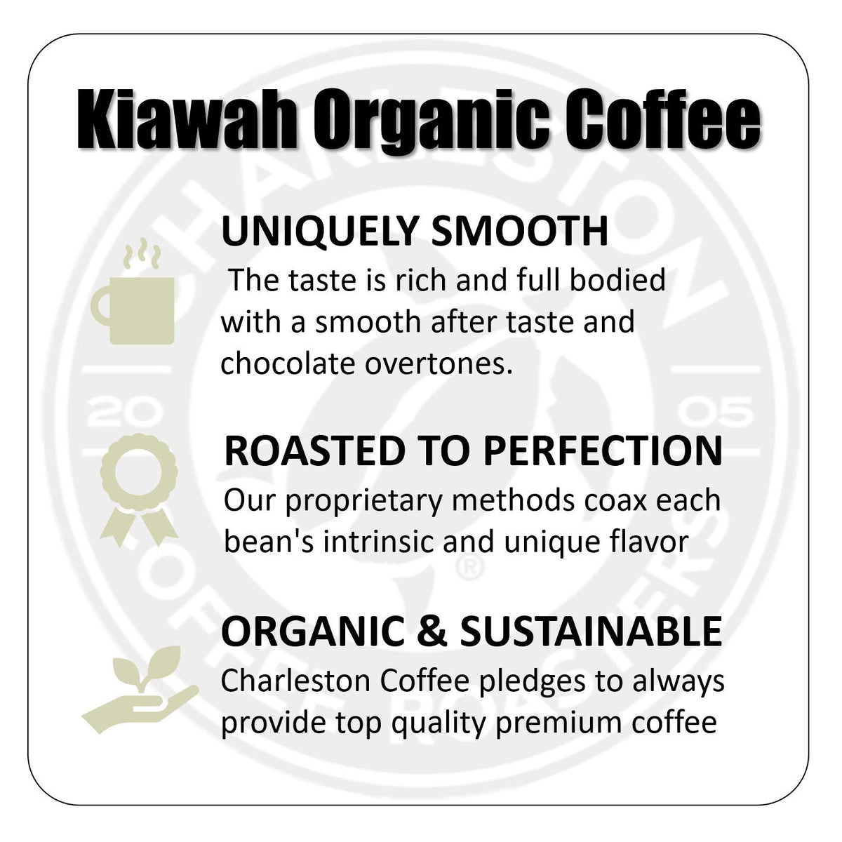 Kiawah Dark Roast bag label highlighting organic sourcing