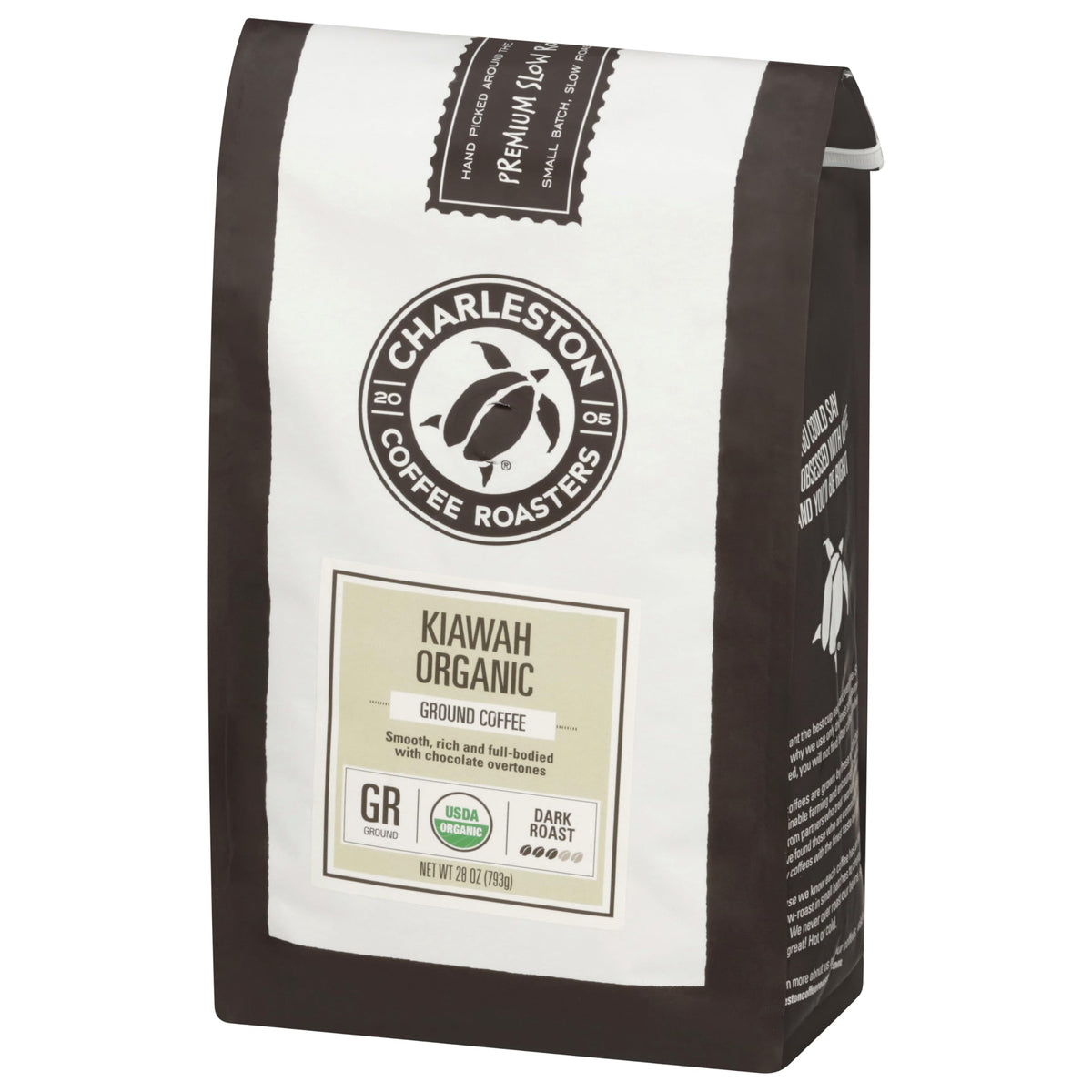 Charleston Coffee Roasters Kiawah dark roast bag showing premium organic grounds for rich mornings
