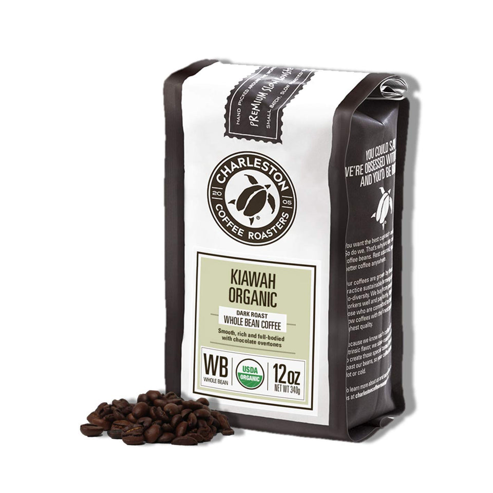 Charleston Coffee Roasters Kiawah Dark Roast whole beans ready for brewing
