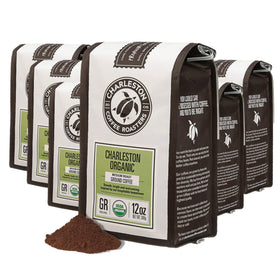 Charleston Coffee Roasters organic ground coffee bag highlighting premium sourcing and sustainable farming practices.