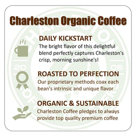 Charleston Coffee Roasters organic ground coffee medium roast brew setup close-up highlighting balanced flavor
