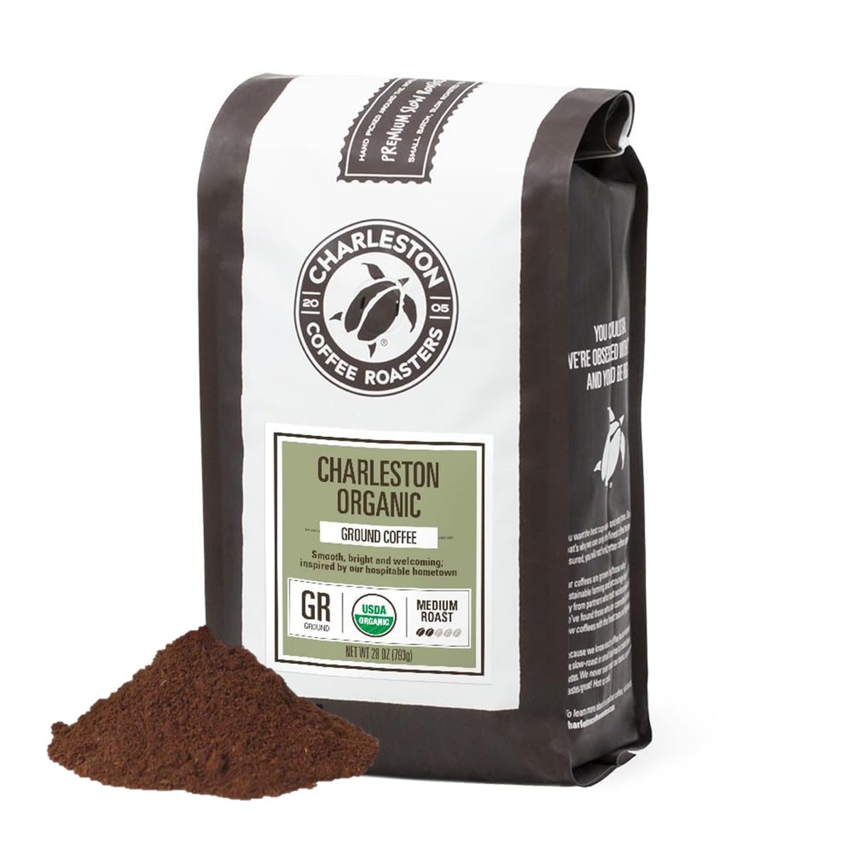 Charleston Coffee Roasters organic ground coffee medium roast pack shot for everyday morning ritual