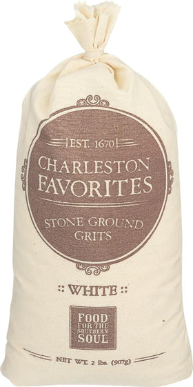 Charleston Favorites stone-ground grits in white packaging, perfect pantry staple.