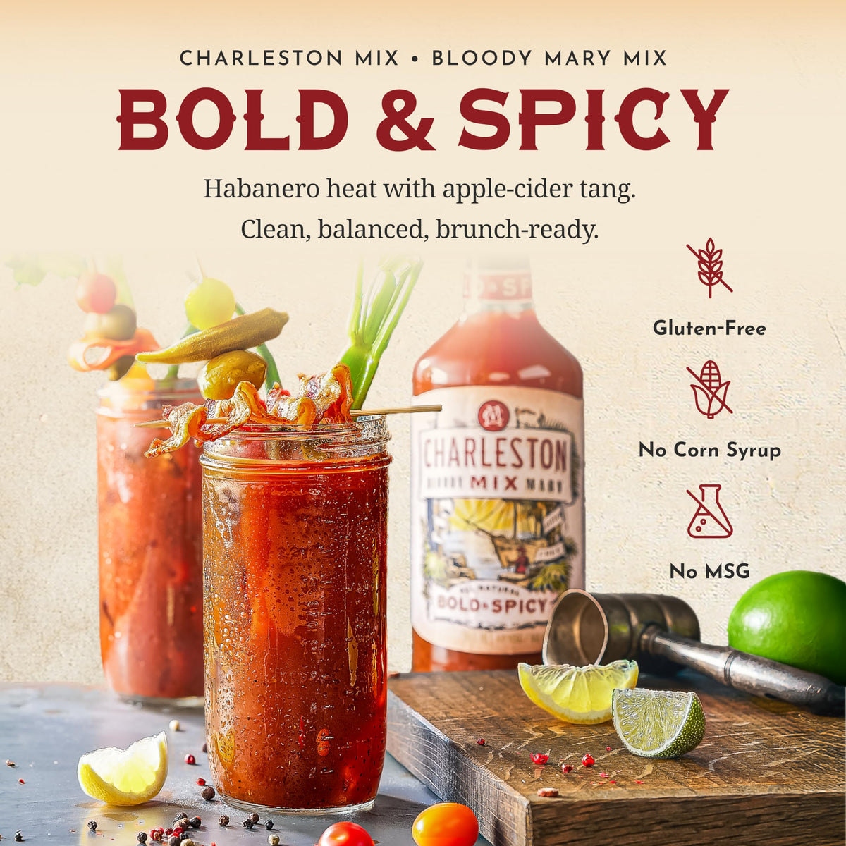 Charleston Mix Bloody Mary bottle pour captures confident savory spice in every glass.