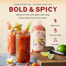 Charleston Mix Bloody Mary bottle pour captures confident savory spice in every glass.